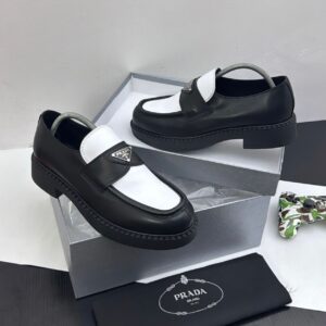 Prada Black & White Triangle Logo Loafers