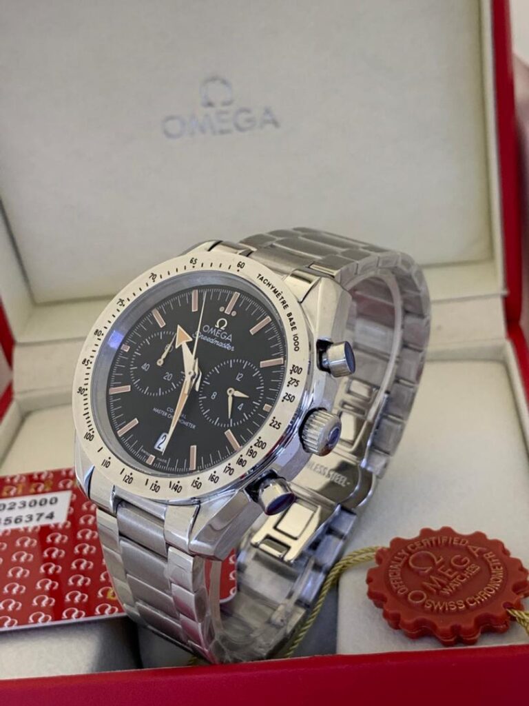 OMEGA BLACK CHRONOGRAPH SILVER CHAIN WATCH